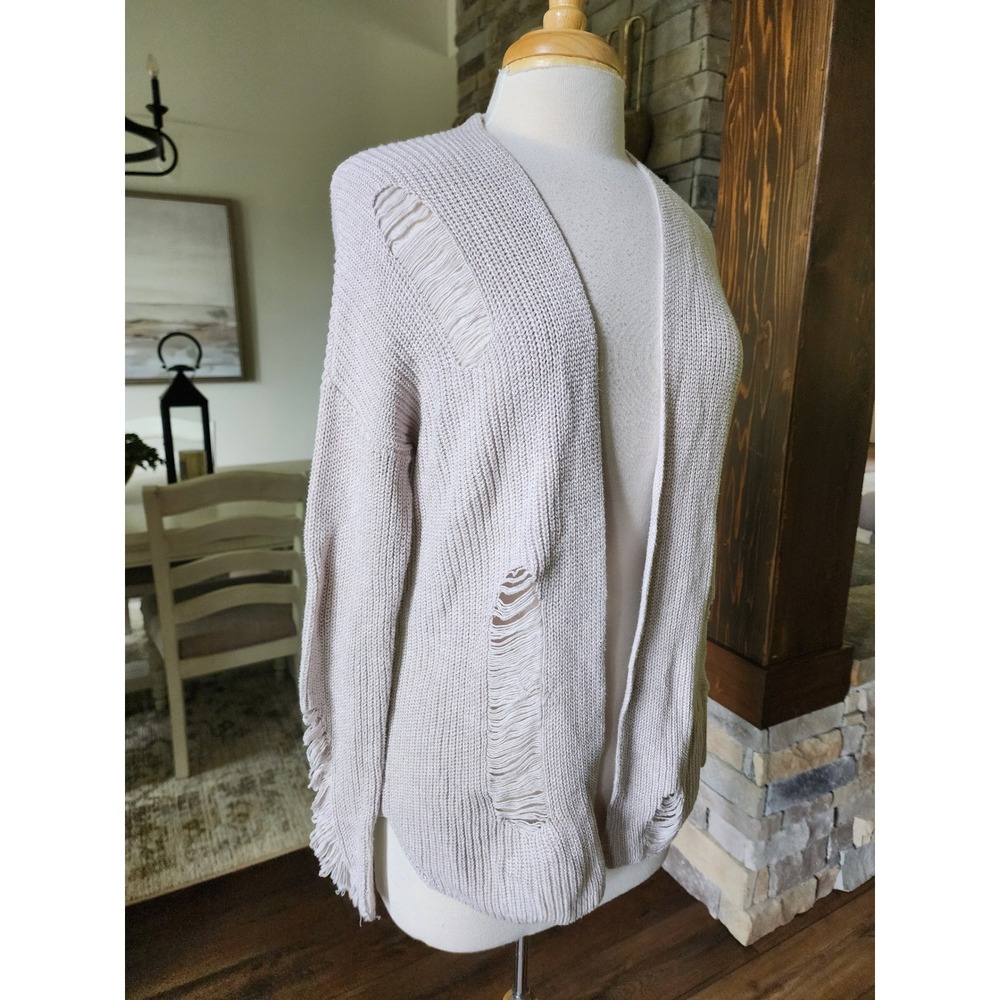 BP Nordstrom Distressed Open‎ Front Cardigan Beige Cotton Ribbed Small